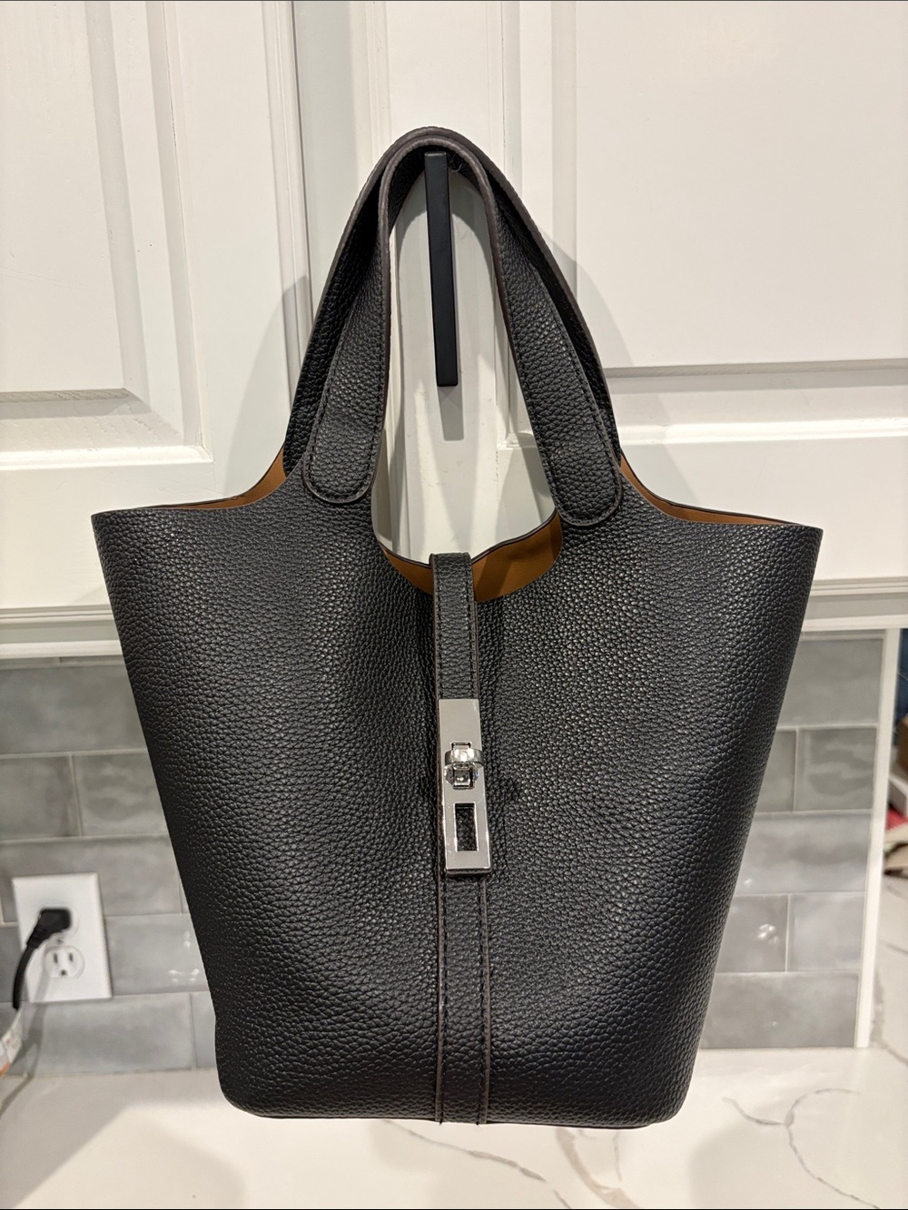 Black Pebbled Leather Bucket Tote with Silver Hardware